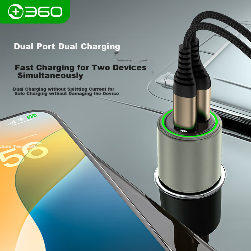 Автомобильное зарядное устройство 360 P661, 1A1C PD36W+66W, двойная сверхбыстрая зарядка, адаптер прикуривателя с двумя портами, совместимо с Apple, Xiaomi, Huawei