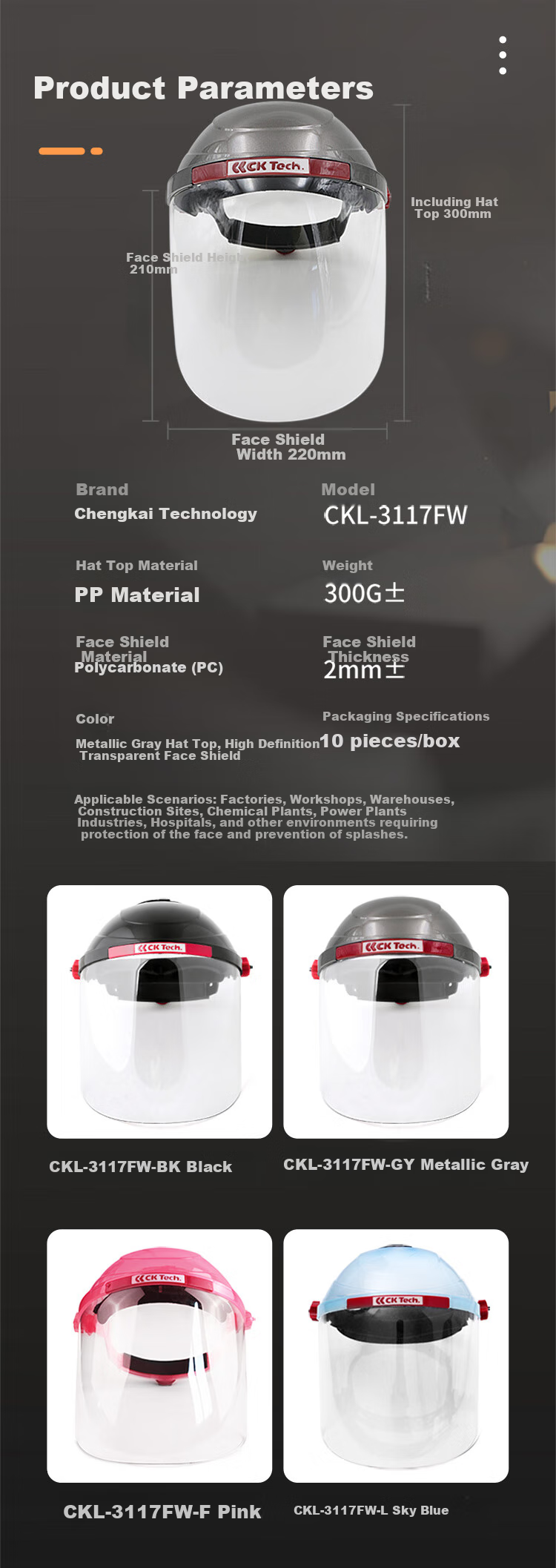 CK-Tech Protective Face Shield, Industrial Cutting And Grinding Anti-Splash Impact Resistant Transparent Face Screen, Anti-Fog Model CKL-3117FW, Black, 1 Piece 2