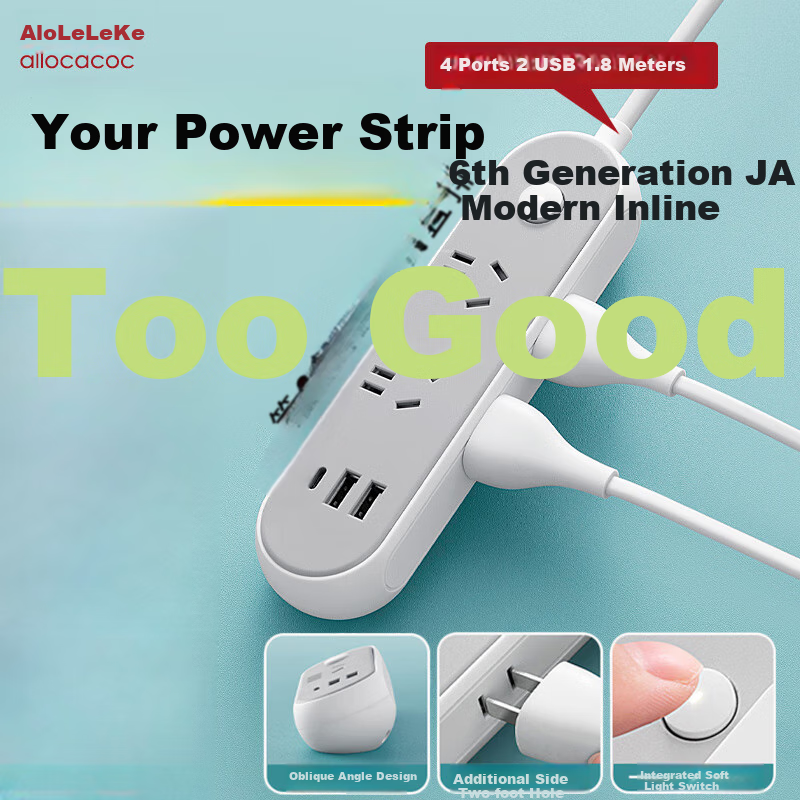 Aleleke Ergonomic Power Strip with Type-C Port, 4 Outlets 2 USB Ports 1.8m Drop-Resistant Slanted Extension Cord for Office And Home Use