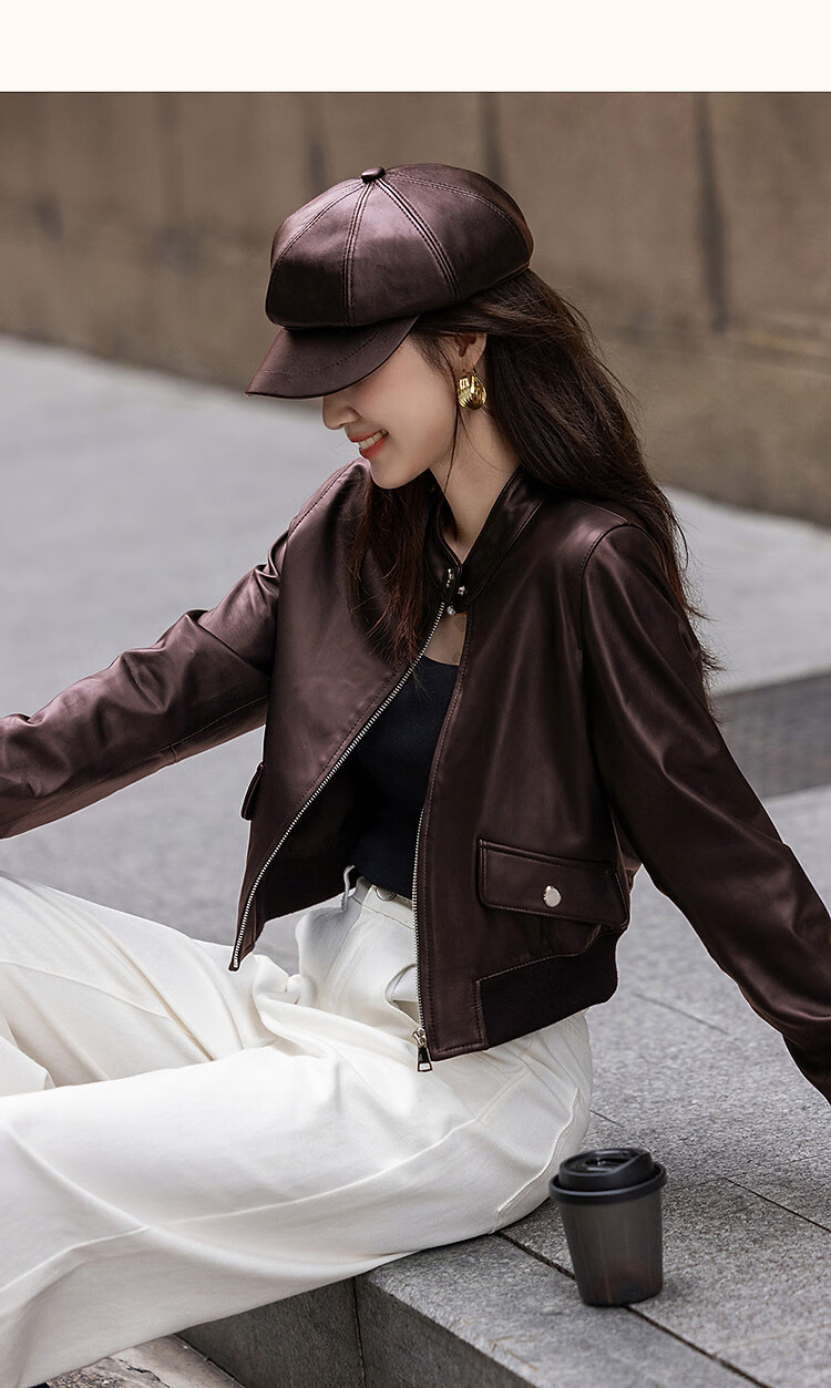 Demana Minimalist Unisex Autumn Motorcycle Style Sheepskin Stand Collar Comfortable Slimming Fashionable Short Jacket for Women 8