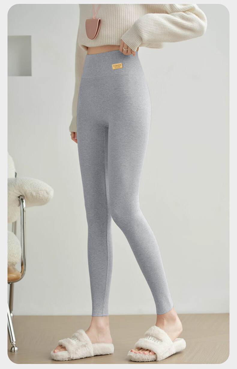 LangSha Women's Cotton High-Waist Thermal Fleece-Lined Ribbed Leggings, Solid Color, Thin Gray Tights for Spring and Autumn 16