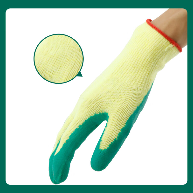 Minggu Dipped Cotton Yarn Work Gloves Wear-Resistant Non-Slip Foam Coated Gloves Yellow Yarn Green 6 Pairs