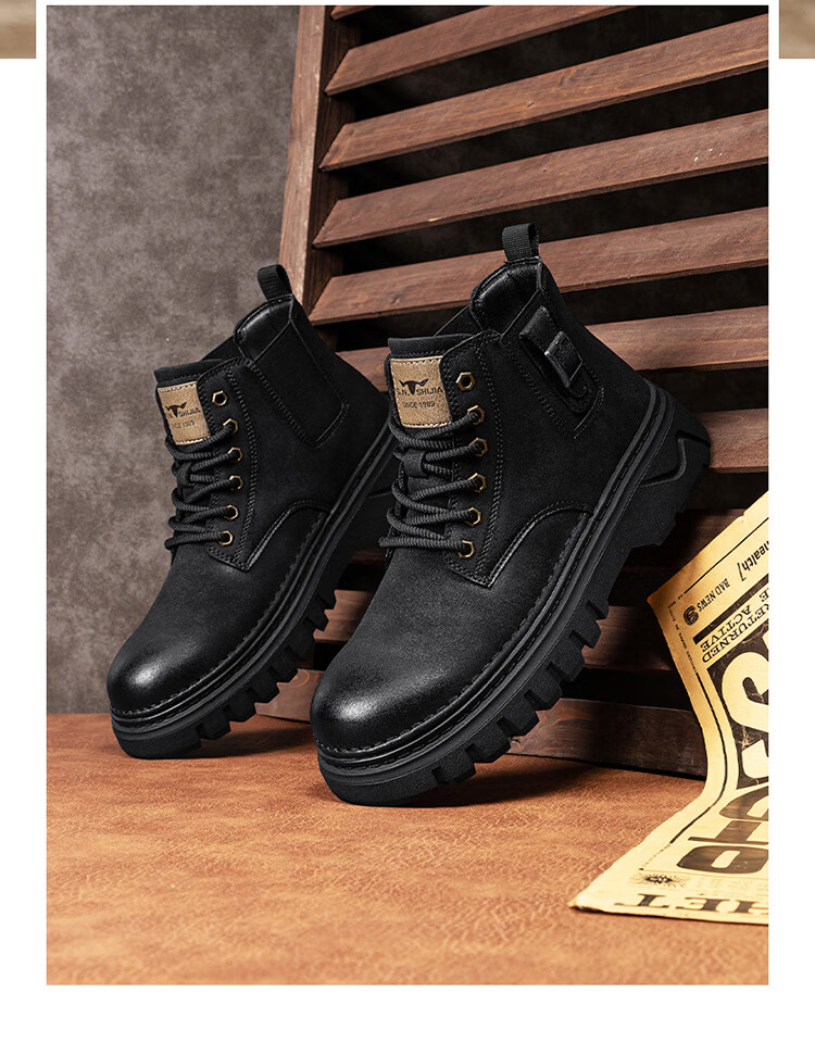 Bull Family Martin Boots Men 2026 Winter New Versatile Yellow Boots Fleece Lined Warm Snow Boots Men's Outdoor Hiking Shoes 18
