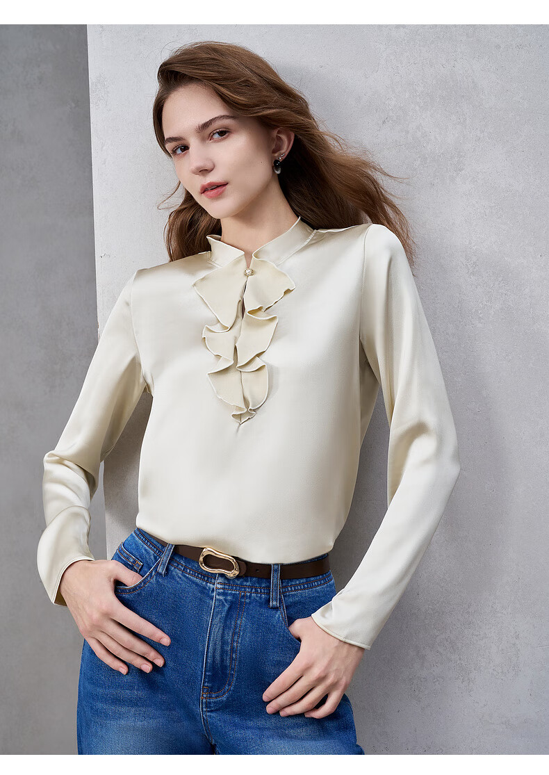G2000 Satin Ribbon Stand Collar Women's Spring Autumn Silky Long Sleeve Casual Shirt Mall Same Style 14