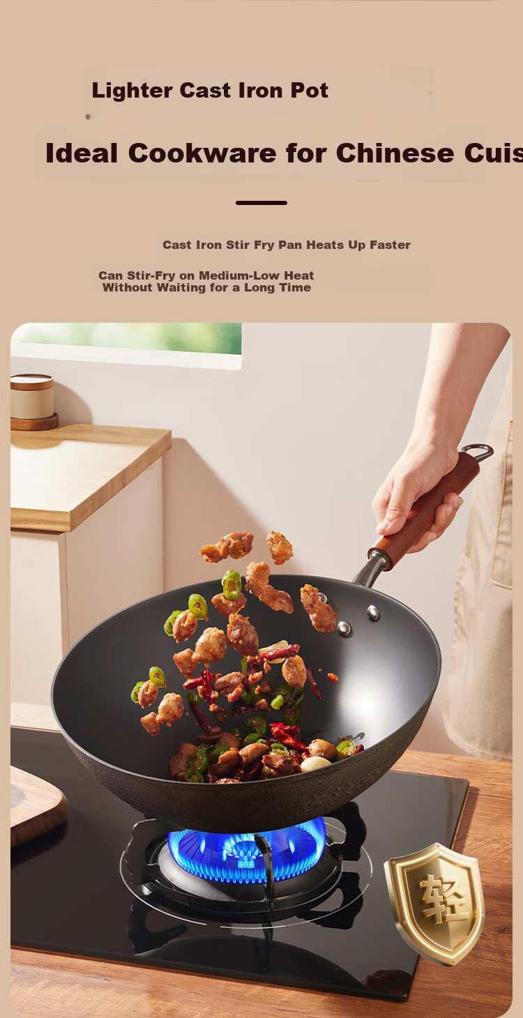 COOKER KING Cast Iron Wok, Traditional Non-heritage Light Cast Iron Pan, Home Use Flat Bottom Stir-Fry Pan, 34cm FY34CG 9