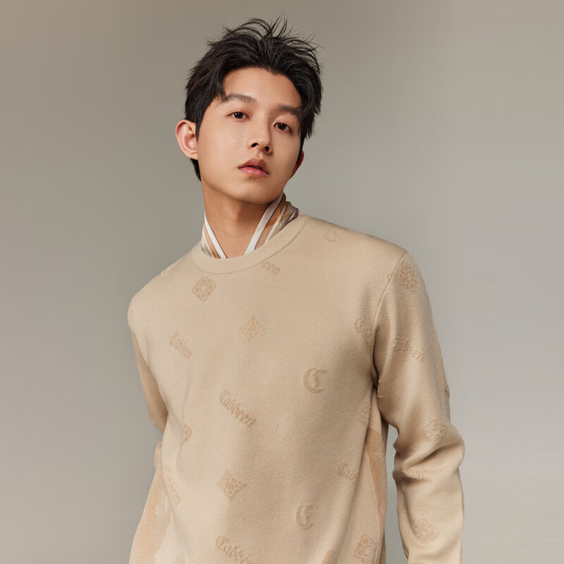 CABBEEN Men's Long Sleeve Sweater Logo Combined with Vintage Pattern 2025 Winter Knitwear