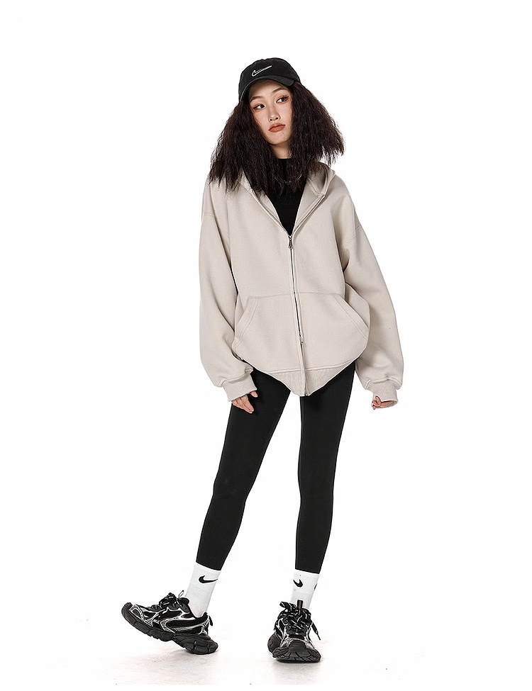 ICH MODE Fleece-Lined American Style Hoodie Jacket Women Autumn Winter Loose Fit Double Zipper Cardigan Lazy Long Sleeve Coat Black L 26