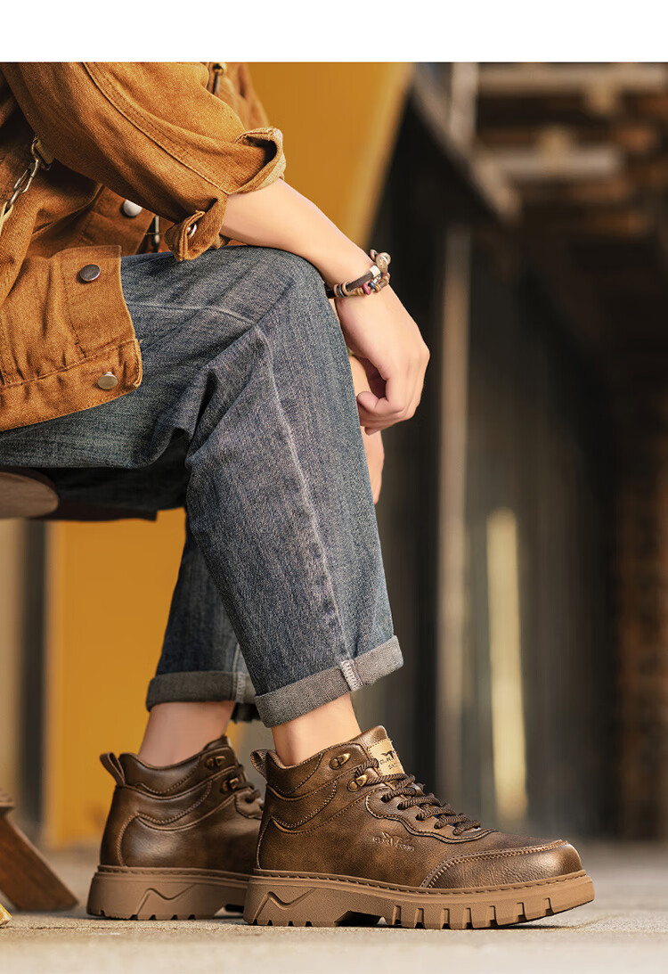 Bull Family Martin Boots Men Autumn Winter Retro British Work Boots High Top Lace-up Casual Short Boots Men's Thick Sole Height Increasing Boots 18