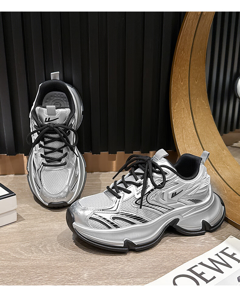 Warrior Women's 2026 Spring Mesh Thick-Soled Dad Sneakers Fashion Casual Shoes Black Silver Size 35 17