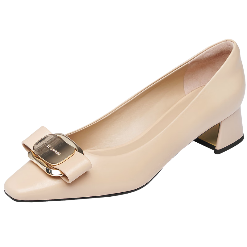 Le Saunda 26 Spring New Fashion Chunky Heel Square Toe Sheepskin Commuter Pumps Women 6T41009 Milk Tea Almond BEK 38
