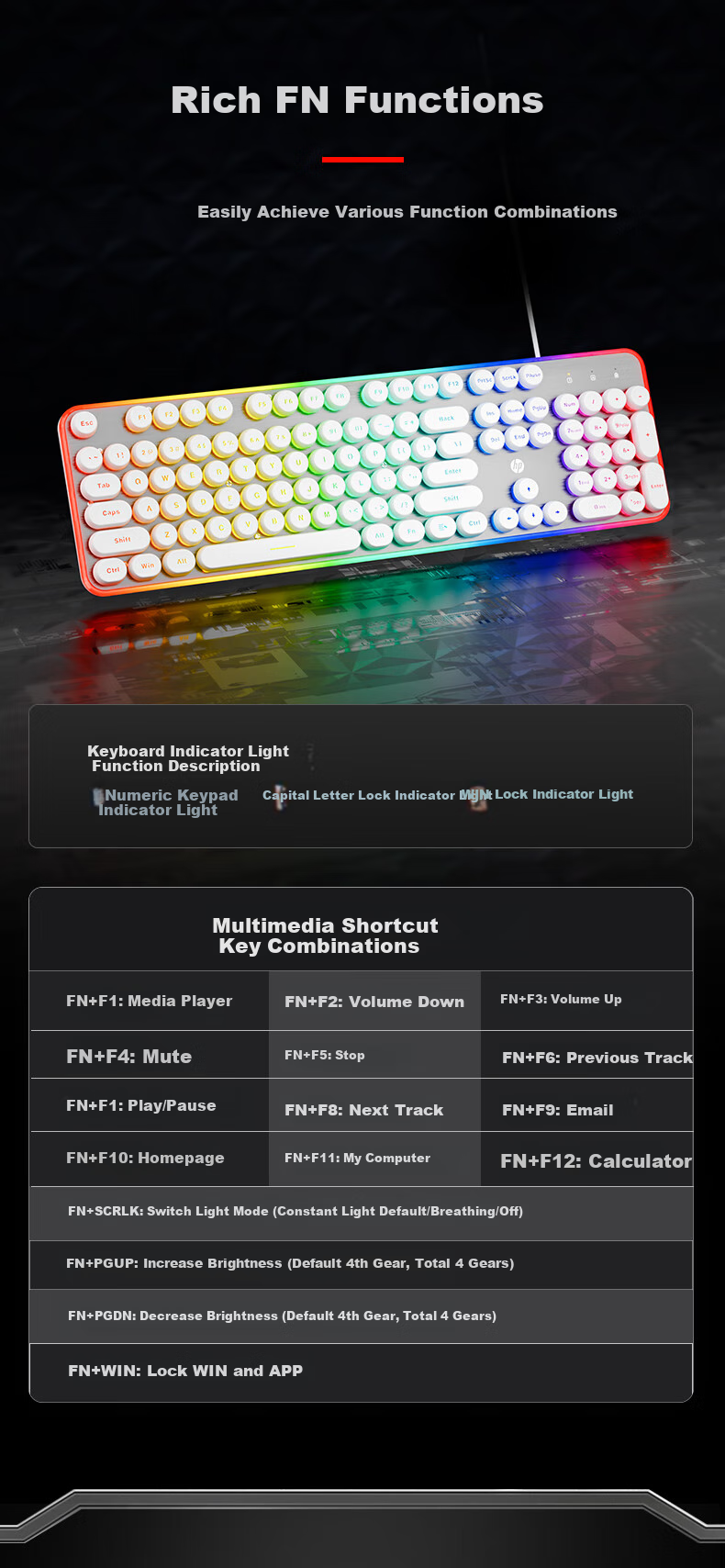 HP K10F Mechanical Keyboard, Stylish Wired Backlit Gaming And Office Keyboard, Comfortable Wear-Resistant Metal Panel, 26 Keys without Collision, White Keycaps with Frosted Finish 8