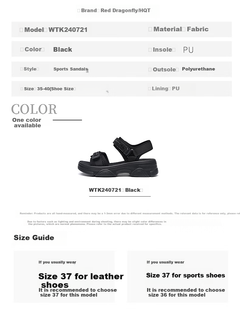RED DRAGONFLY Women's Sandals, Summer Breathable Thick-Soled Soft-Bottomed Casual Outdoor Sports Beach Shoes, WTK240721, Black, Size 36 8