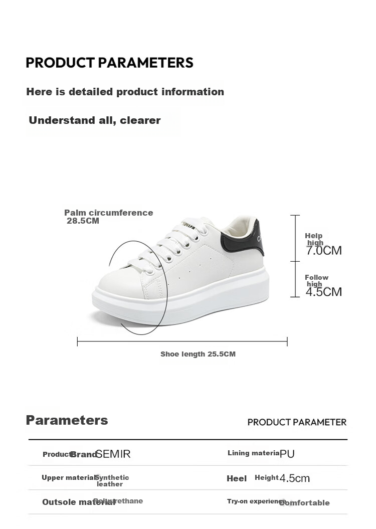 Semir Women's Shoes, White Sneakers for Spring And Autumn, Height-Increasing Versatile Casual Shoes, Muxun Style, SFYM251037, White And Black, Size 37 3