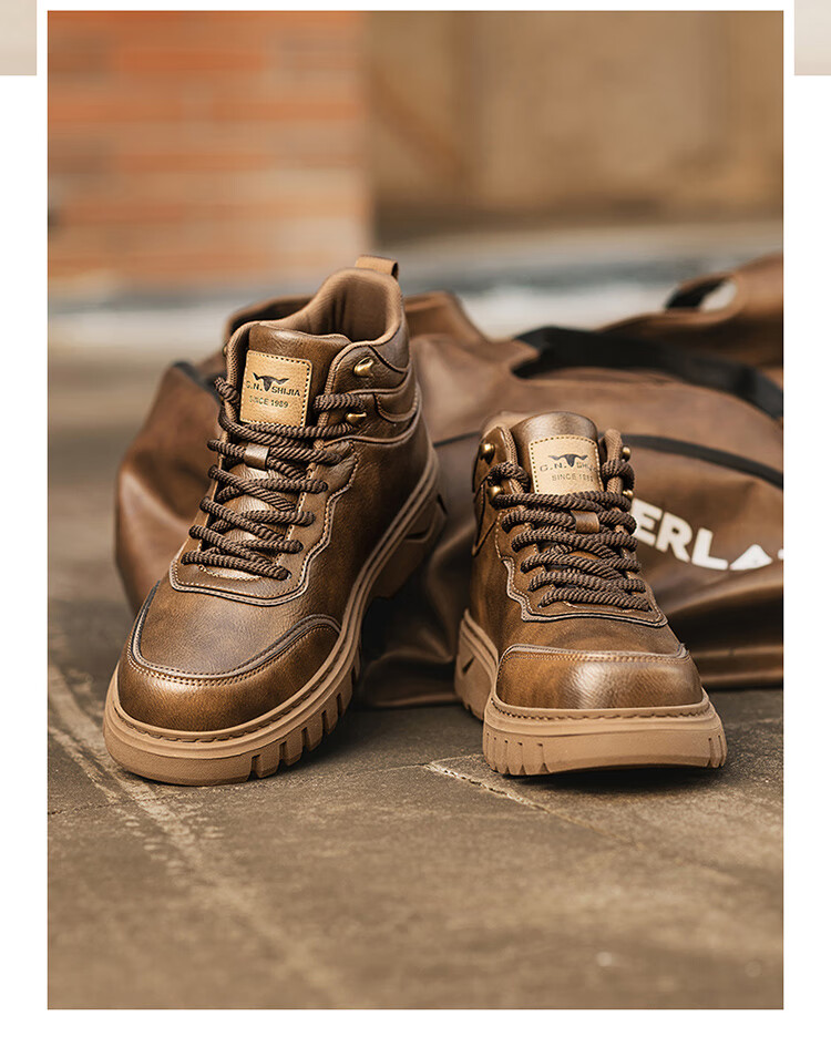 Bull Family Martin Boots Men Autumn Winter Retro British Work Boots High Top Lace-up Casual Short Boots Men's Thick Sole Height Increasing Boots 19