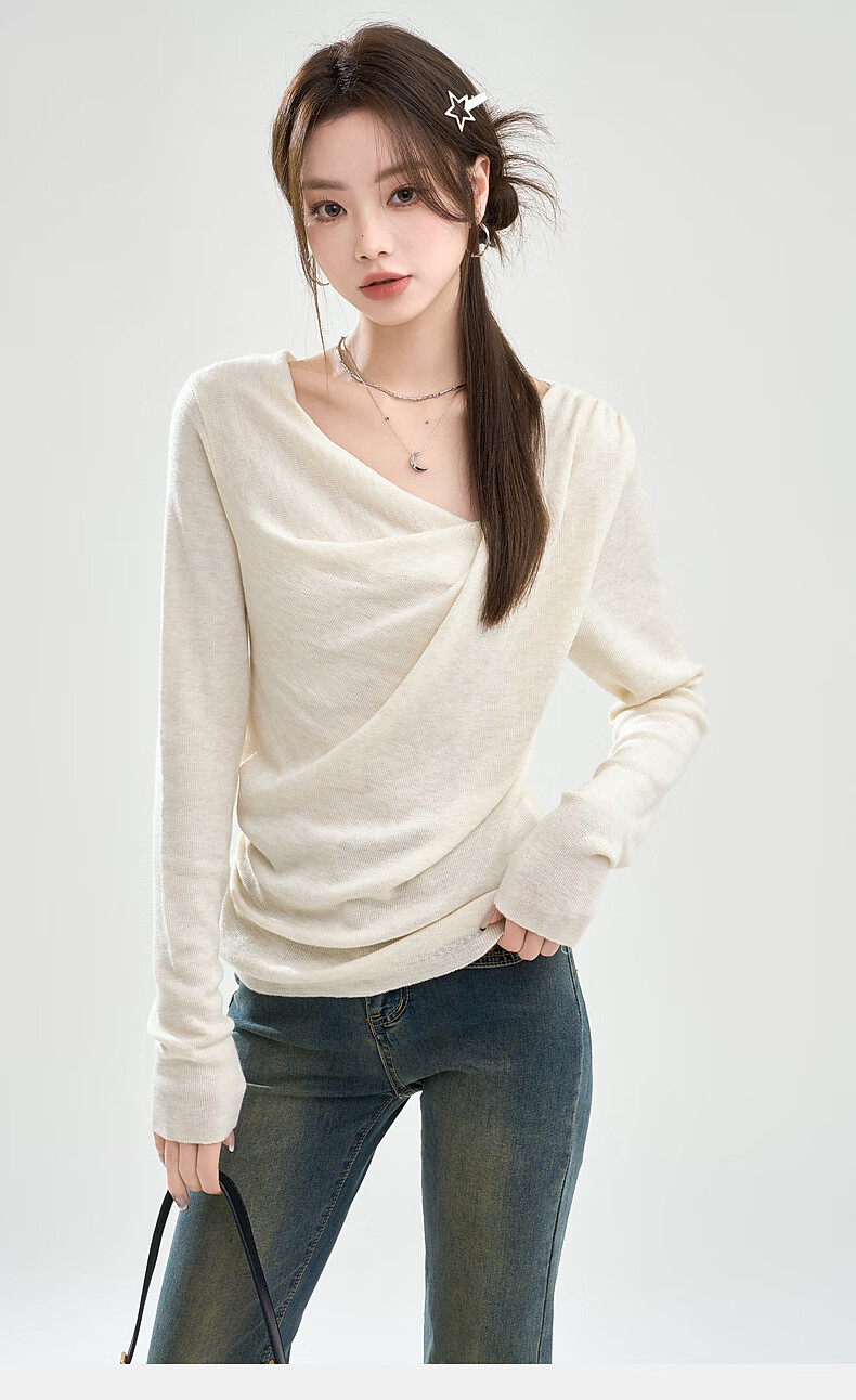 La Chapelle Women's Slim Fit V-Neck Pleated Knit Top T-Shirt in Apricot, Size S 4
