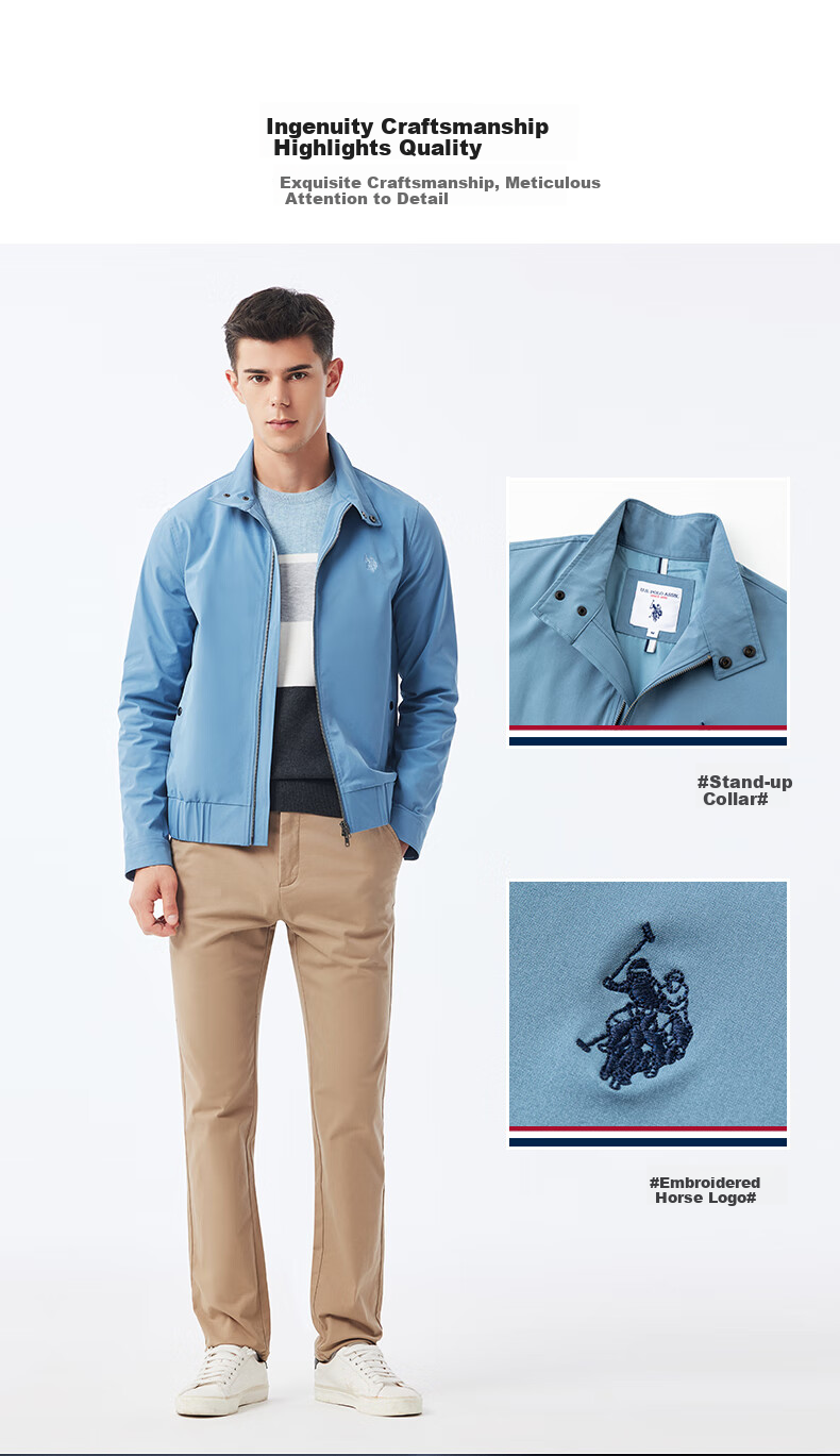 U.S. POLO ASSN. Mall-Matching Jacket for Men, Business Casual Stand-Collar Coat, Middle-Aged Men's Outerwear, Blue, 3XL 5