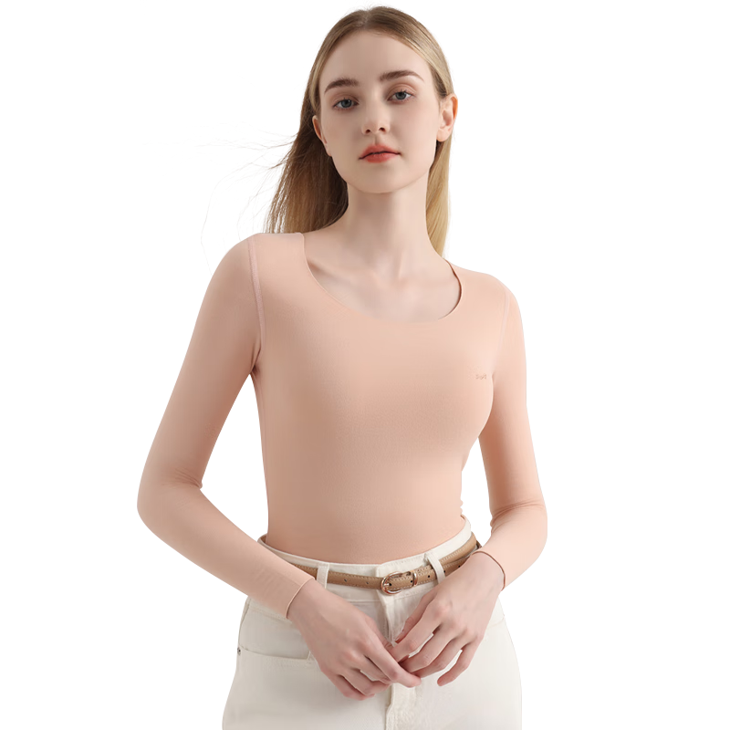MiiOW [Goose Down Tencel] Women's Thermal Underwear 10A Antibacterial Seamless Heat-retaining Autumn Slim Fit Base Layer Top Pink Skin L