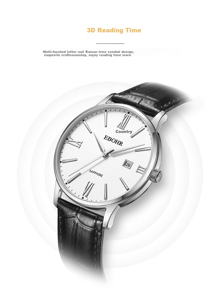 EBOHR Men's Watch, Master Series, Simple White Leather Strap Quartz Men's Watch, Birthday Mid-Autumn Festival Gift, 36000234 4