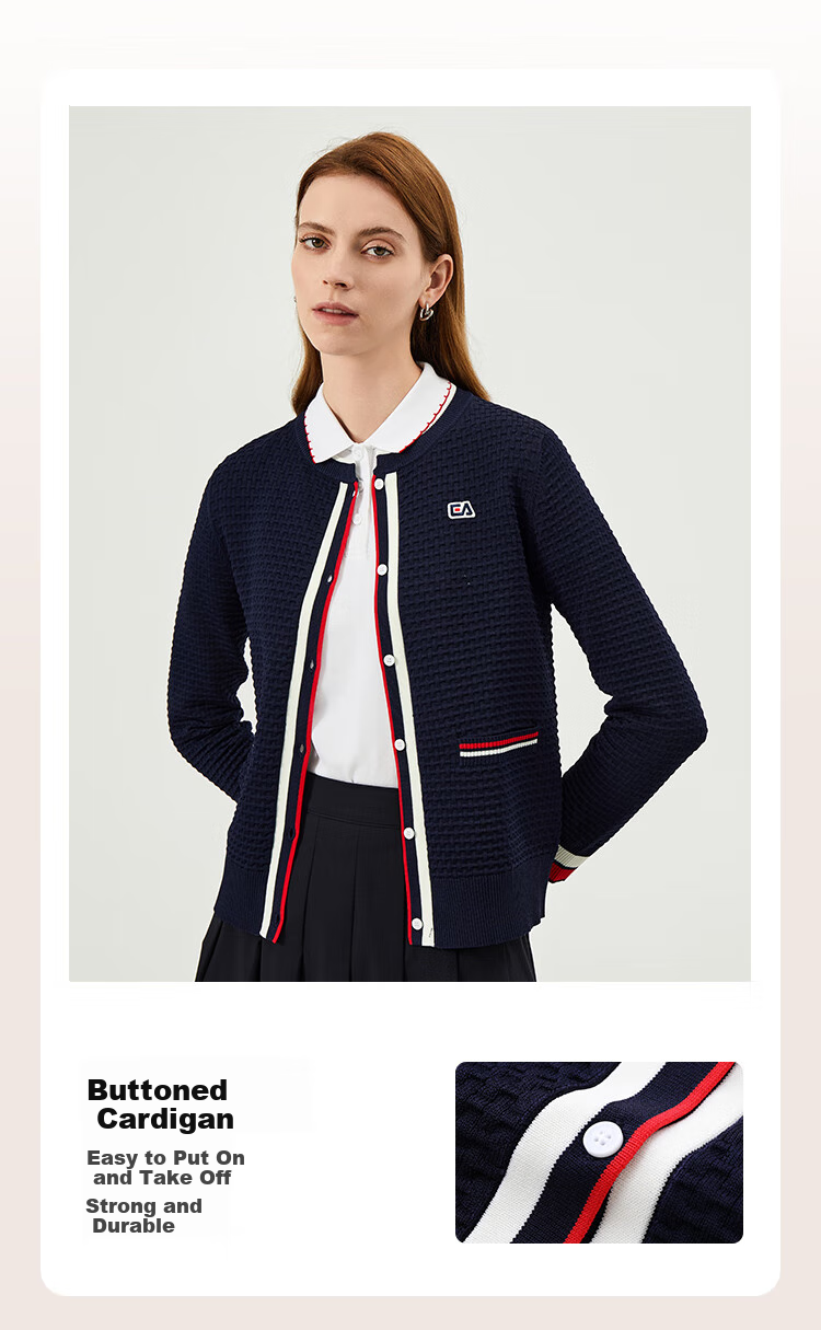 ELLE ACTIVE French-Style Elegant Waffle Cardigan for Women, Casual Commute Contrasting Color Soft Spring And Summer Sweater Jacket, Navy Blue, 2XL 2