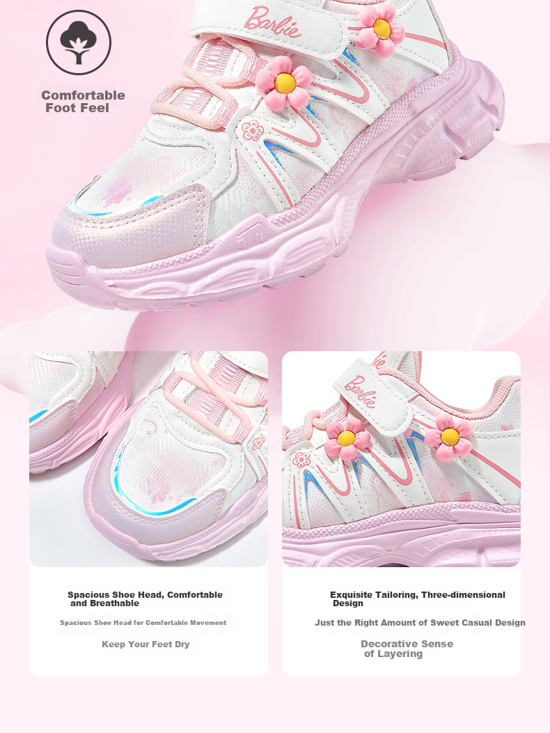 Barbie Children's Spring And Autumn Single-Layer Dad Shoes, Girls' Elementary School Running Shoes, Sports Casual Shoes DA6937 Pink 33 5