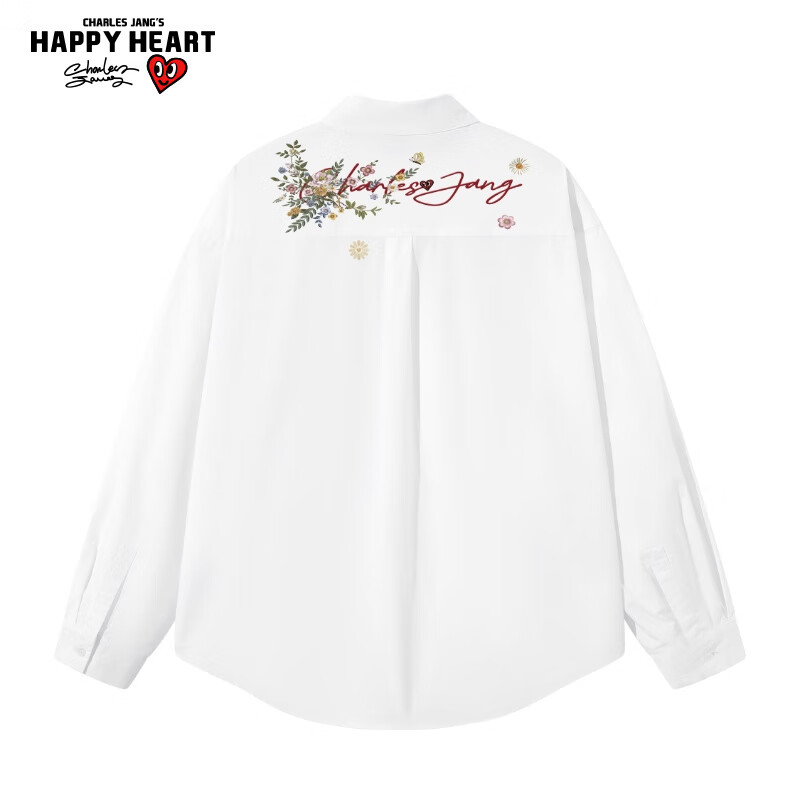 Charles Peach Heart American Style Trendy Floral Print Long Sleeve Cotton Turn-down Collar Casual Couple Shirt Gardenia White XS