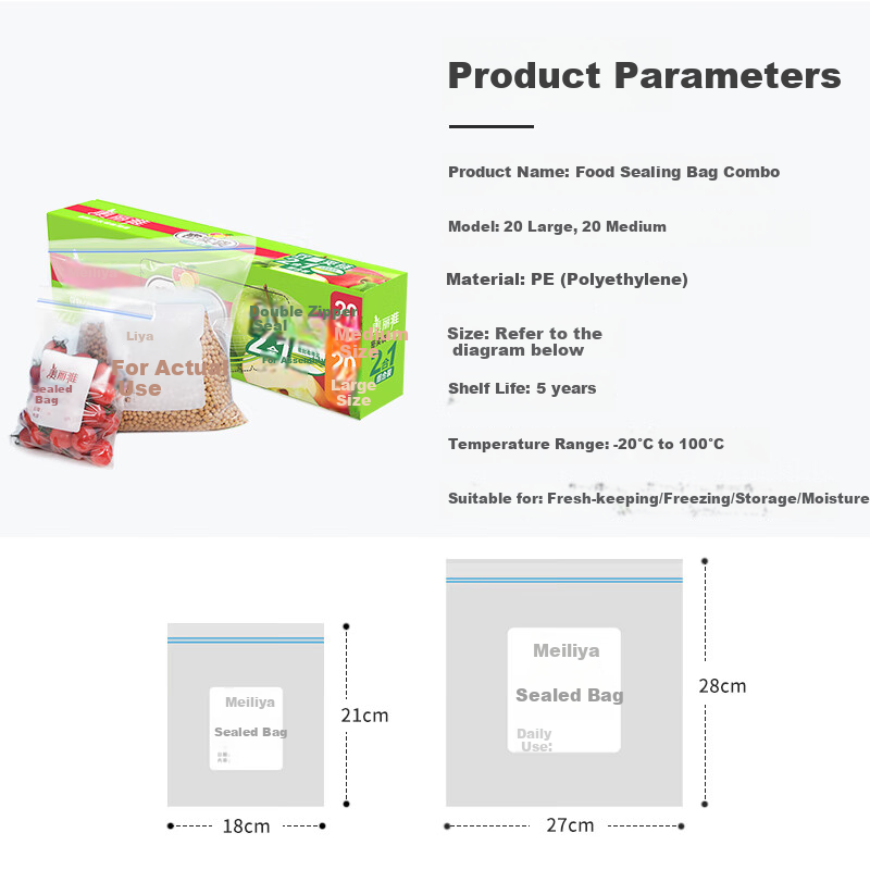 MARYYA Food Storage Bags Large And Medium Size Combo Pack of 40, Thick Disposable Refrigerator Portioning Fresh-Keeping Transparent Self-Sealing Bags
