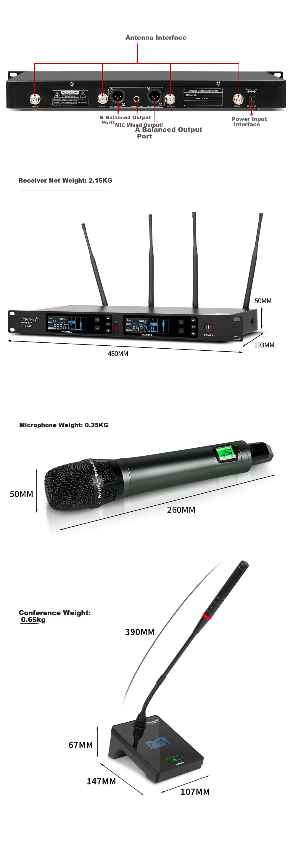 Depusheng DR80 Wireless Microphone System with Two Mics, Professional Stage Performance Singing Hosting Training Lecture Meeting Neck Gooseneck School Wedding Real Split Mic Long-Range U-Frequency Anti-Howling 14