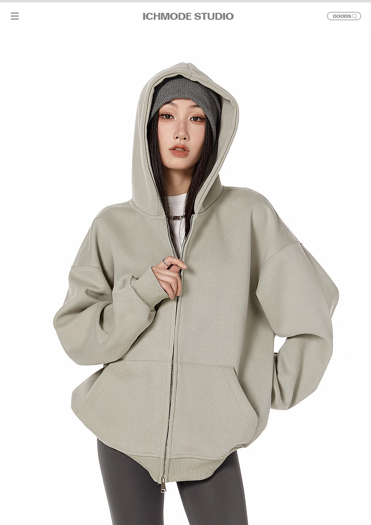 ICH MODE Fleece-Lined American Style Hoodie Jacket Women Autumn Winter Loose Fit Double Zipper Cardigan Lazy Long Sleeve Coat Black L 1