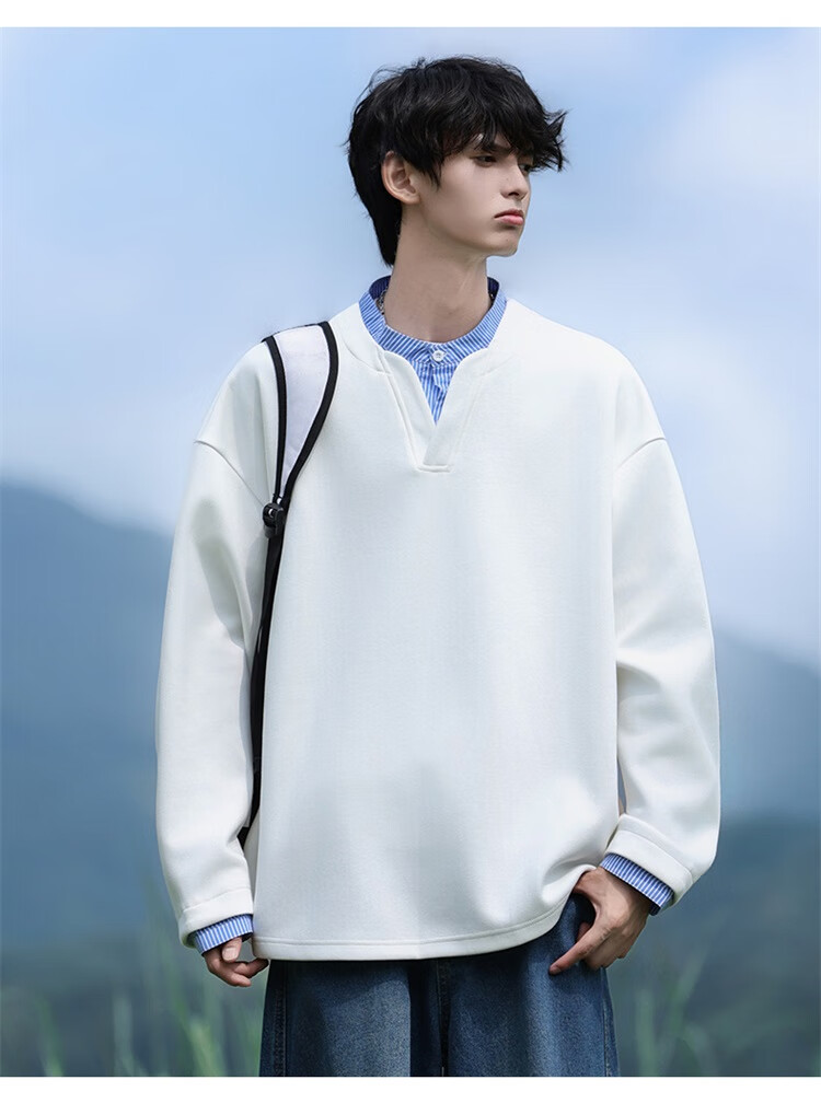 Homlean Men's American Casual Two-in-One Sweatshirt Autumn Loose Vintage Polo Shirt Versatile Top HP05 Ultimate Black 3XL 7