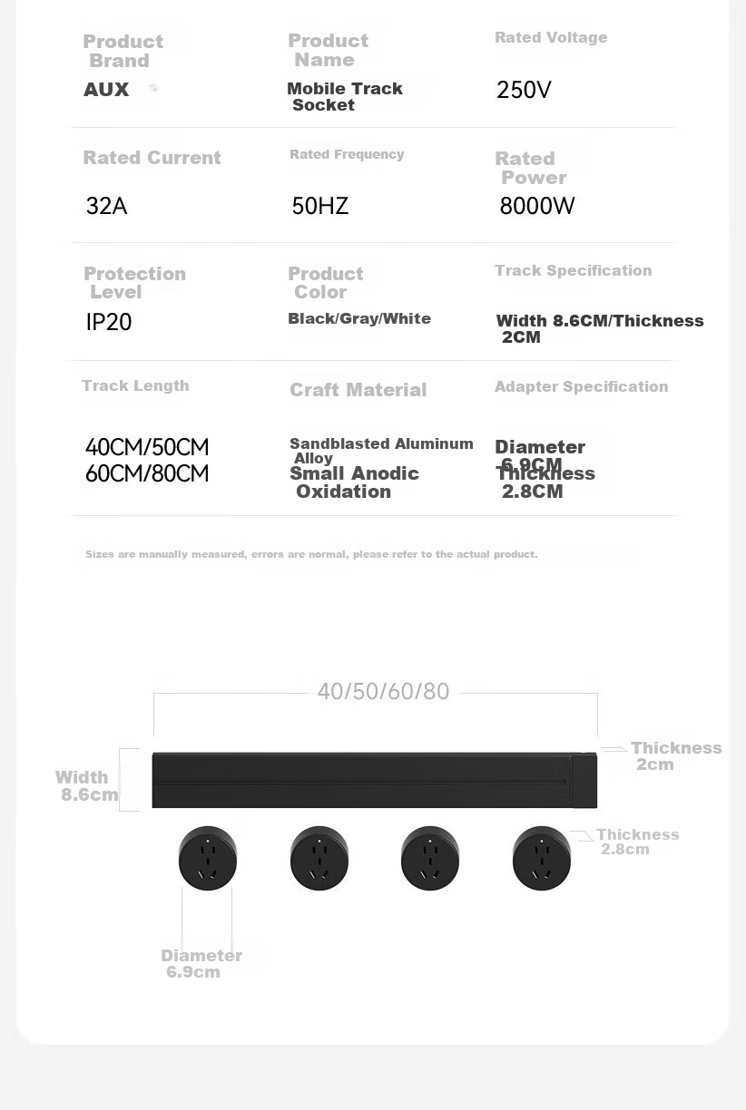 Aokesi Track Socket, Kitchen-Specific Household Surface-Mounted Power Strip Switch, Sliding Rail Socket Strip, C6 Single Point 30cm Track + 3 Gray Five-Hole Sockets 25