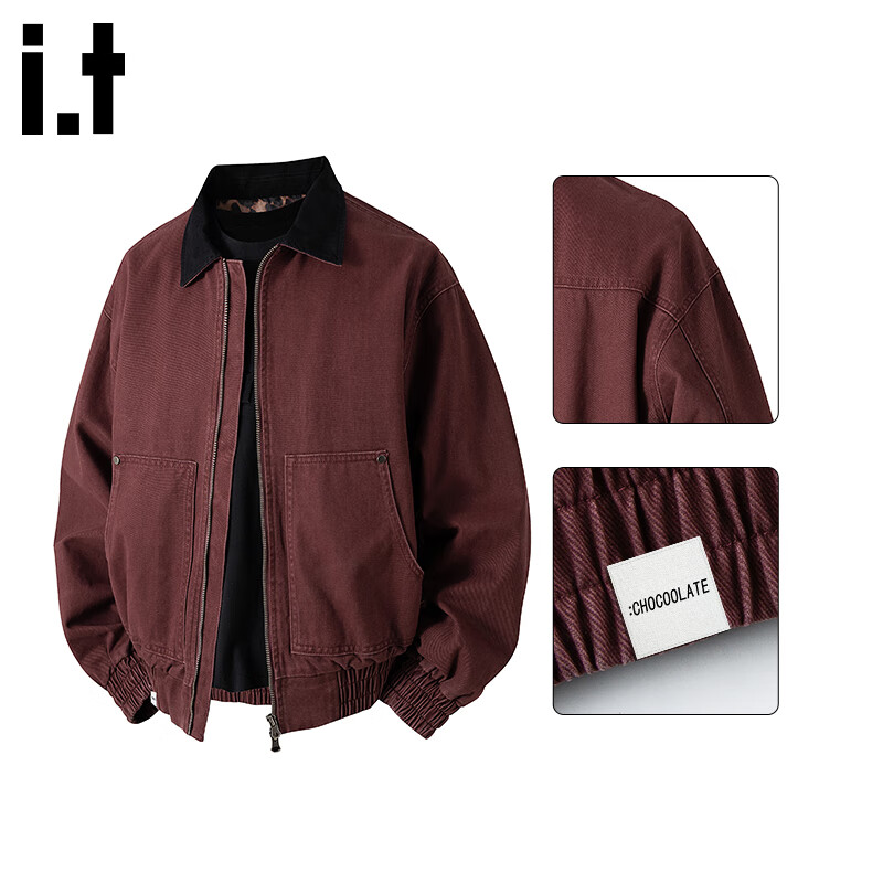 :CHOCOOLATE IT Pure Cotton Polo Collar Jacket Men Autumn New Trendy Loose Japanese Casual Coat Angora Red L
