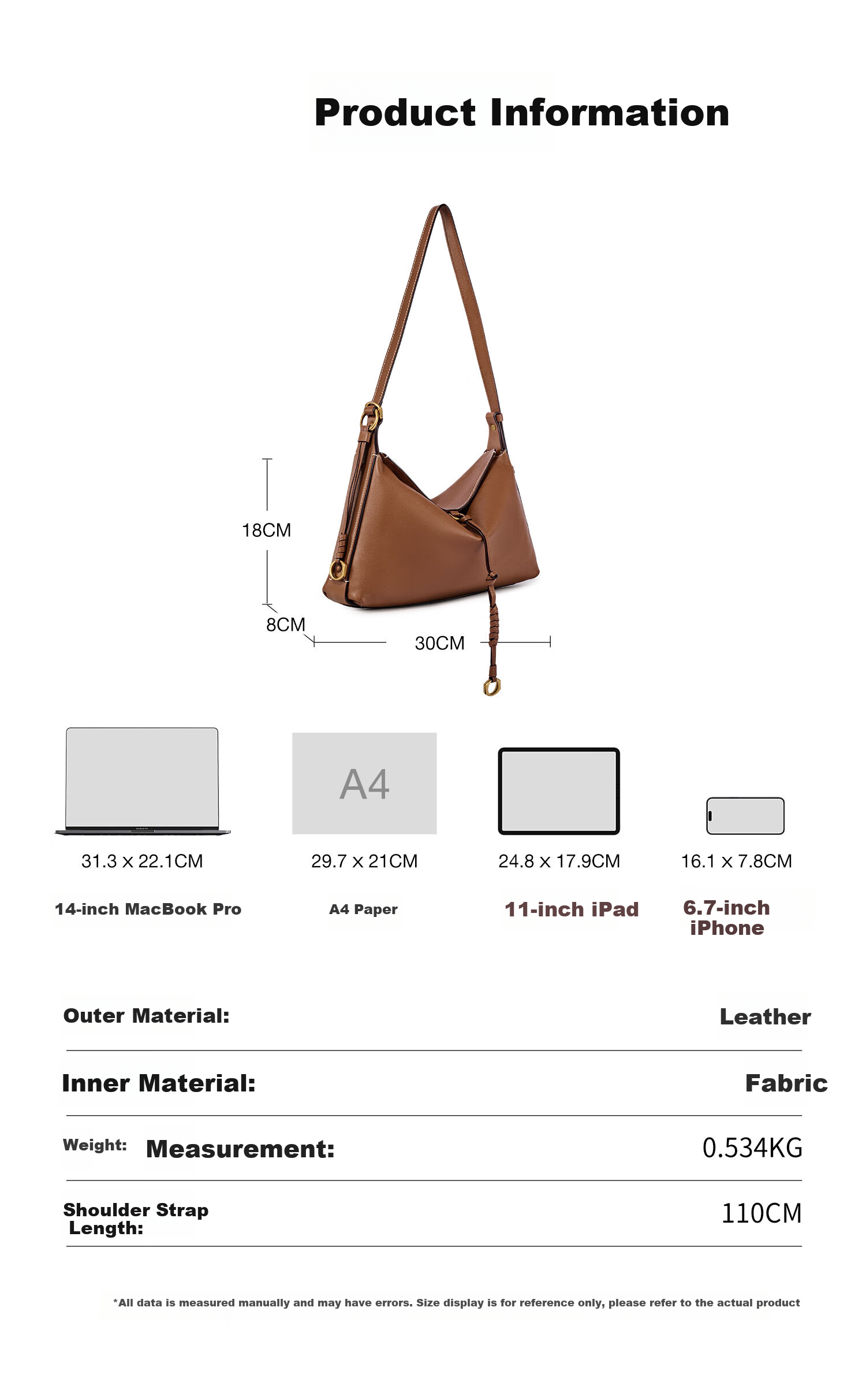 DISSONA Hobo Soft Leather Underarm Bag for Women, Shoulder Bag, Brown - Medium Size 6