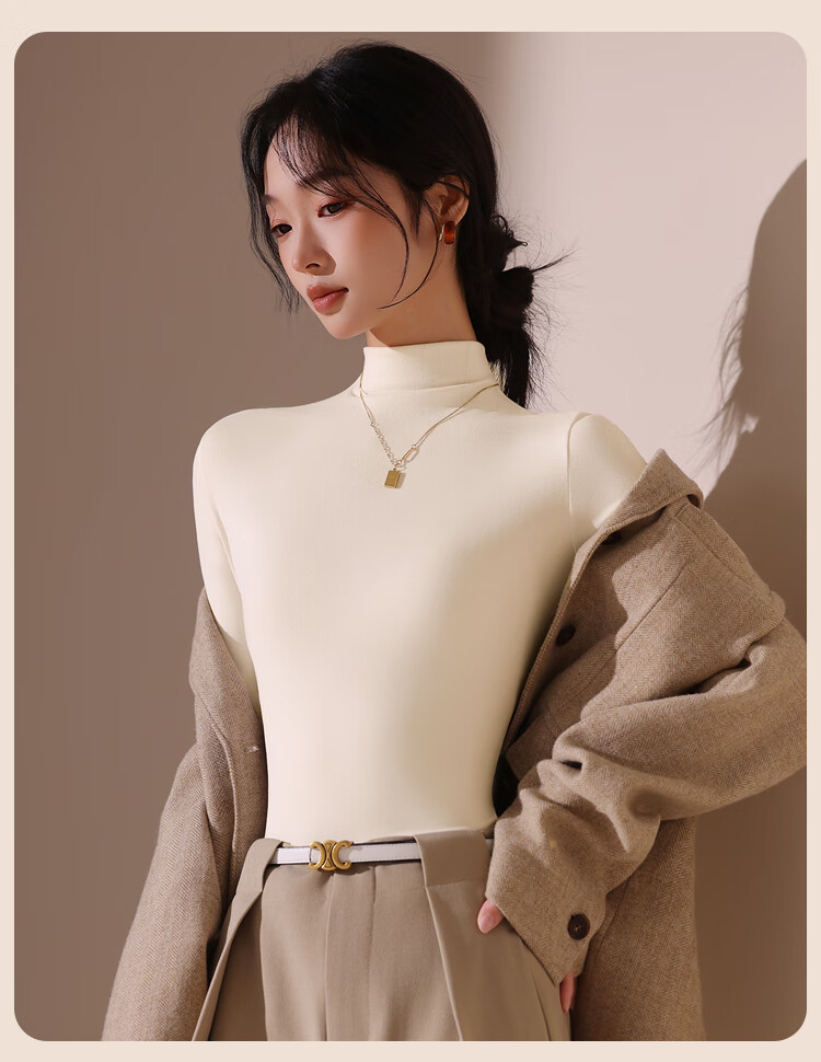 Urban Beauty Camellia Moisturizing Semi-Turtleneck Fleece-Lined Long Sleeve Base Layer Top for Women Autumn Winter High Elastic Soft Inner Wear 13