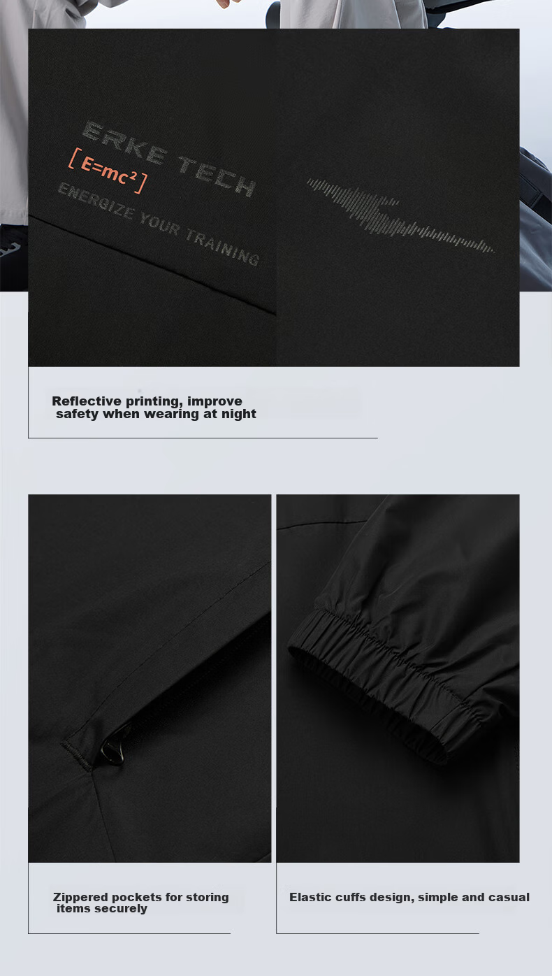 ERKE [Yu Shi Same Style] Water-Resistant Jacket for Men, Spring Stand-Collar Hooded Coat, Outdoor Sports Windbreaker 9