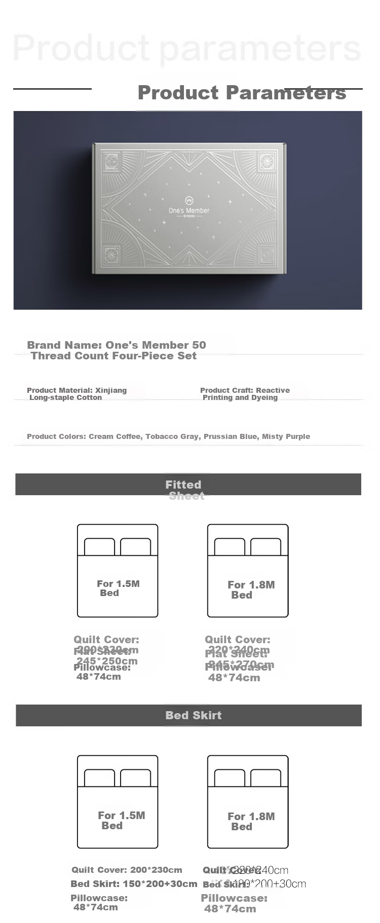 One's Member 50-Count A-Class Pure Cotton Xinjiang Long-Staple Cotton Bedding Set: Duvet Cover, Bed Sheet, Pillowcases, And Bed Skirt - Bed Sheet Style - 1.8m - Prussian Blue 18