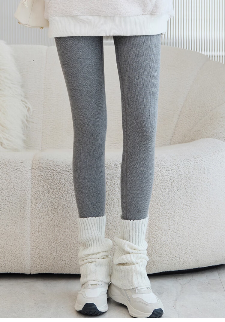 Ordifen Women's Autumn Winter Fleece-Lined Ribbed Thickened High-Waist Gray Thermal Leggings 8