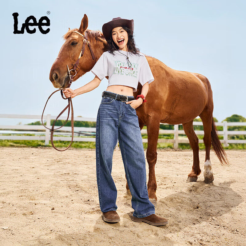 Lee Medium Blue Washed 428 Lazy Pants, High-Waisted Women's Slimming Wide-Leg Jeans, Trendy