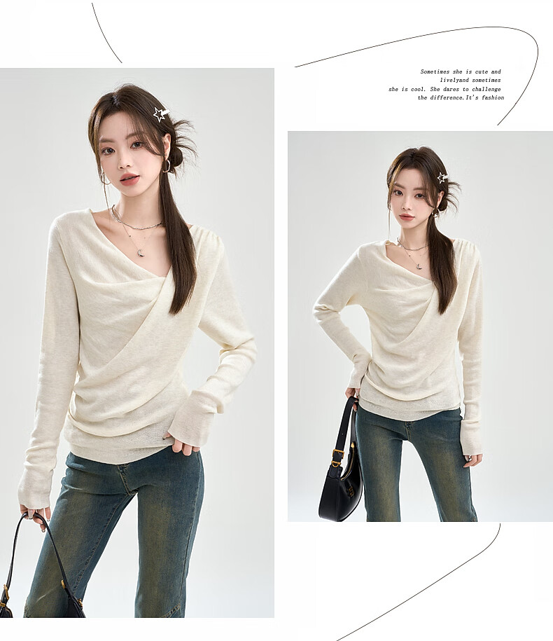 La Chapelle Women's Slim Fit V-Neck Pleated Knit Top T-Shirt in Apricot, Size S 3