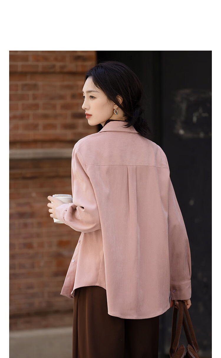 Demana Brushed Fabric Winter Warm Tone Elegant Lapel Patch Pocket Shirt Loose Fit Straight Cut Women's Top 1