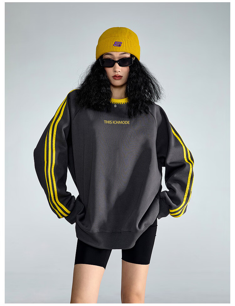 ICH MODE American Style Crewneck Pullover Sweatshirt Vintage Striped Women's Spring Autumn Long Sleeve Loose Sports Jacket Blue M 7