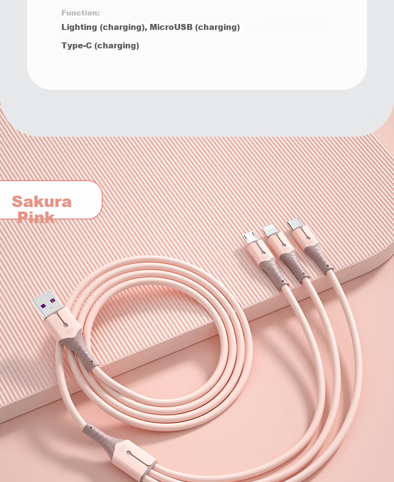 Nengshi Three-In Charging Cable, Fast Charging Compatible with Apple IPhone14/Typec And Android Devices, Three-Headed Cable for Xiaomi/Huawei, 66W, 0.6 Meters, Pink 21