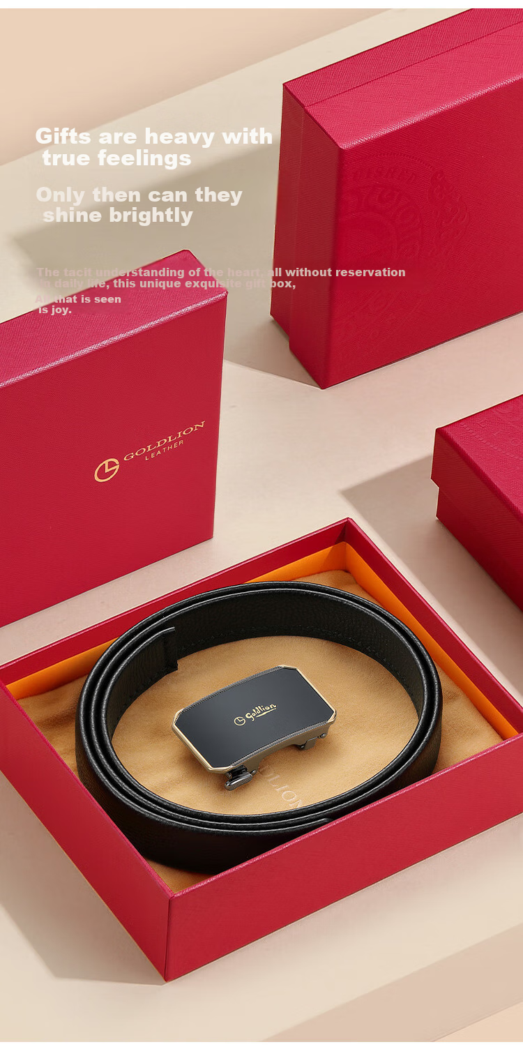 Goldlion Men's Belt, Business Casual Top-Grain Leather Automatic Buckle Inner Belt Waistband Gift Box, Birthday Gift for Gifting 4