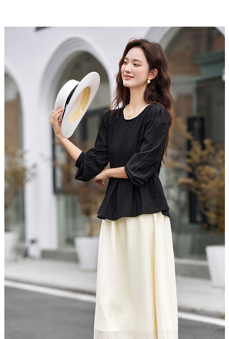 Fansiman Elegant Women's Autumn Set New Round Neck Top Waist Slimming Skirt Two-Piece Set Red Apricot Color S 9