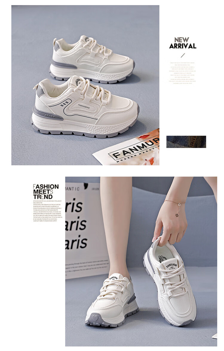 TonLion Women's Summer Thick-Soled Sports Shoes Elevated Dad Sneakers Casual White Shoes Light Gray Size 37 3
