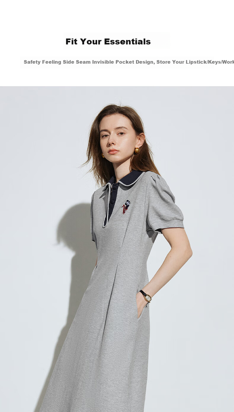 Chuyu Polo Collar Dress with Waist-Cinching Slimming Effect for Women, New Summer 2025 A-Line Short-Sleeve T-Shirt Midi Skirt, Gray, Size S 10