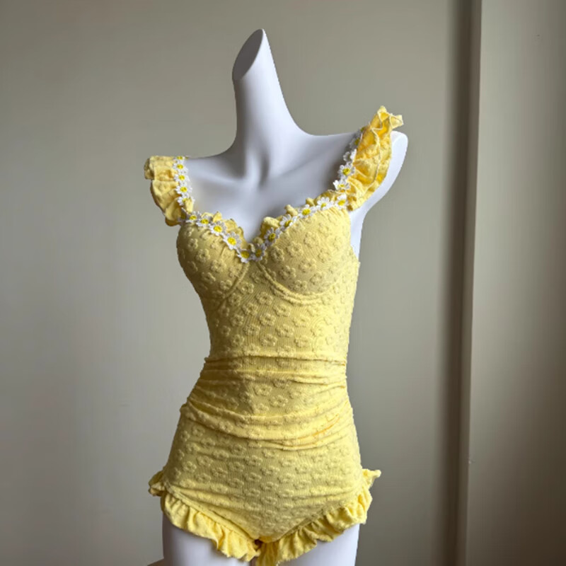 OMOM New One-Piece Premium Swimsuit for Women, Stunning Gathered Design, Small Bust, Tummy Control, Slimming, Vacation Hot Spring, Yellow, M 6