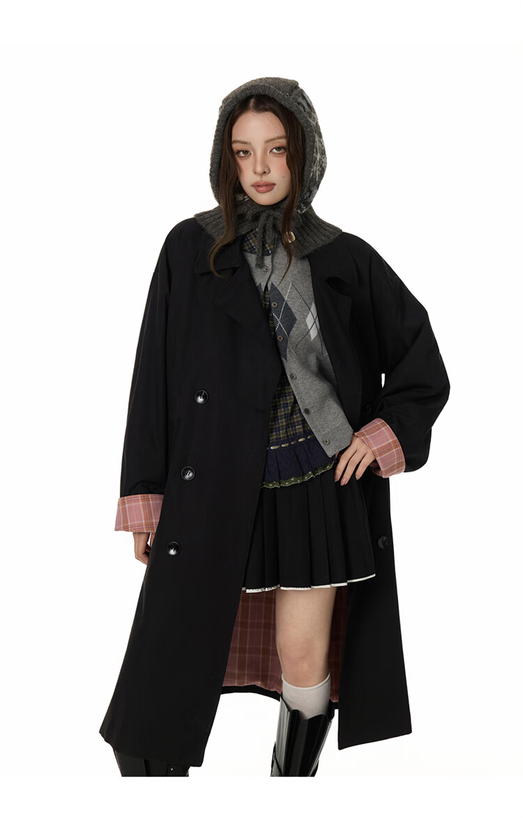 GROUND ZERO Unisex Autumn Mid-Length Trench Coat with Plaid Color-Block Lining Black 2XL 7