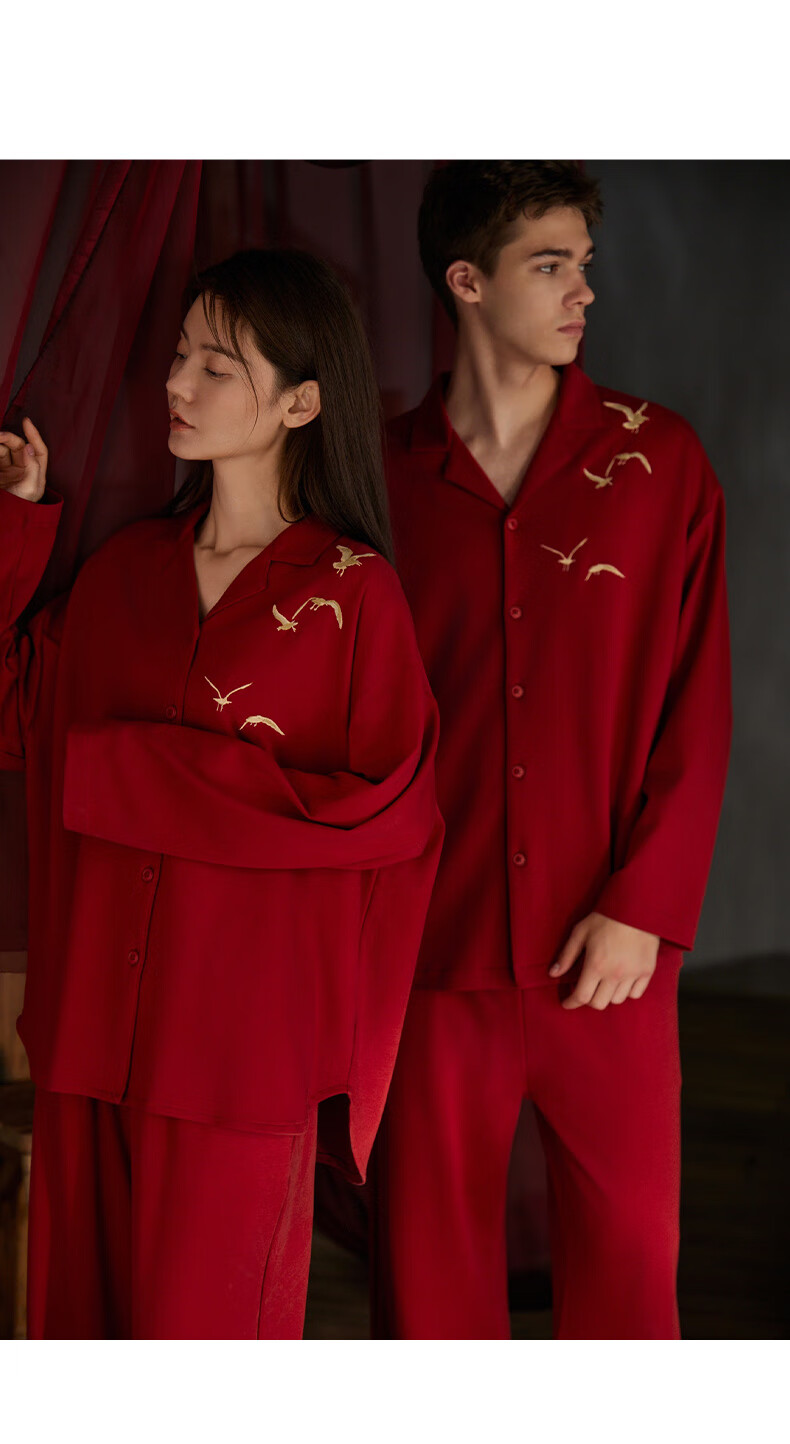 Caramella Men's Red Homewear Autumn Winter Soft Cotton Pajama Set Couples Festive Wedding Sleepwear 7