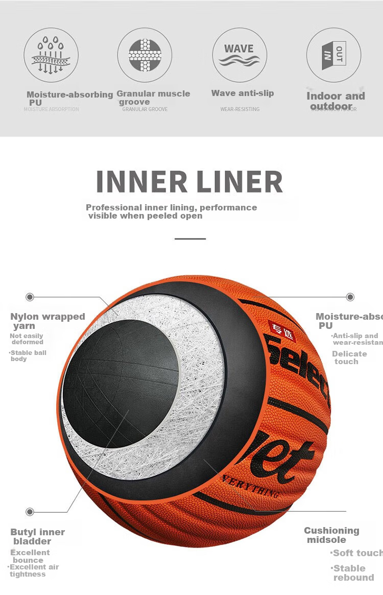 ProSelect Basketball, Size 7, Moisture-Absorbing PU Wave Pattern, Cement Court Wear-Resistant, Indoor And Outdoor Training And Competition Basketball, GB672GTV 2