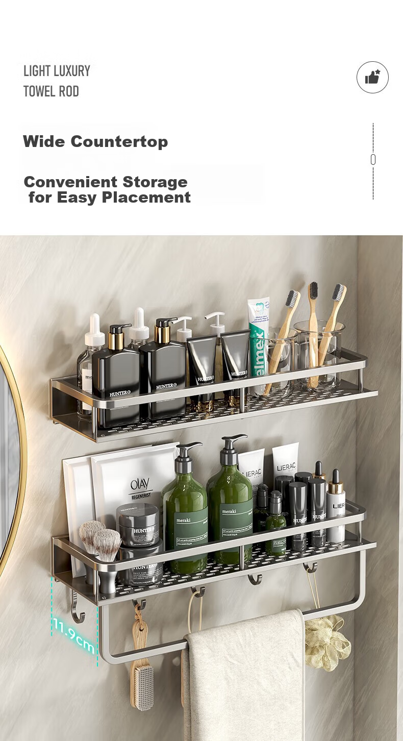 Yweel Bathroom Storage Rack, Wall-Mounted Space Aluminum Baked Paint Washbasin Organizer Shelf, No Drilling Required 7
